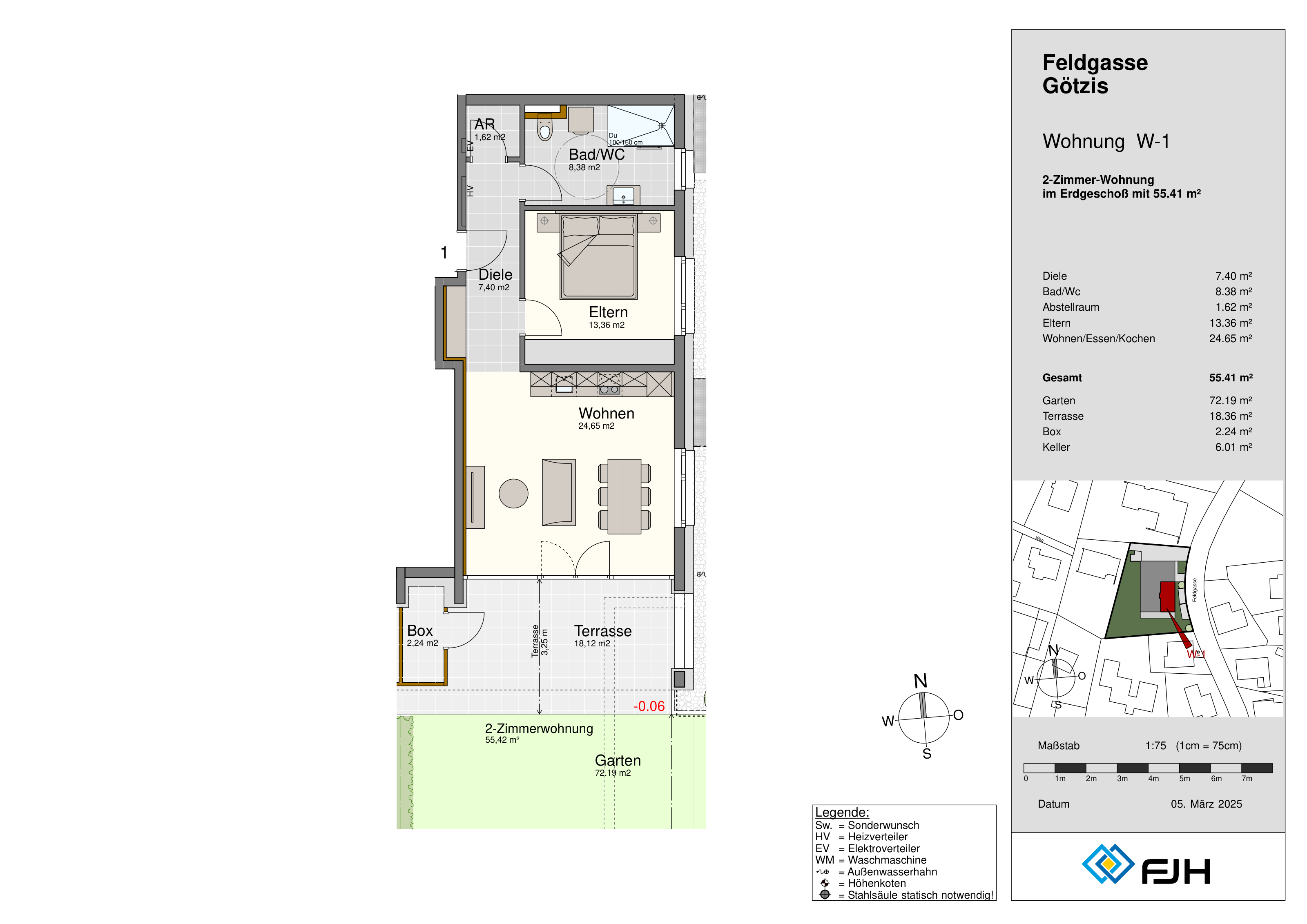Grundriss Top 1, Feldgasse 9 Götzis: 2-Zimmer-Wohnung mit 55,41 m² im Erdgeschoss, mit Terrasse und Eigengarten.