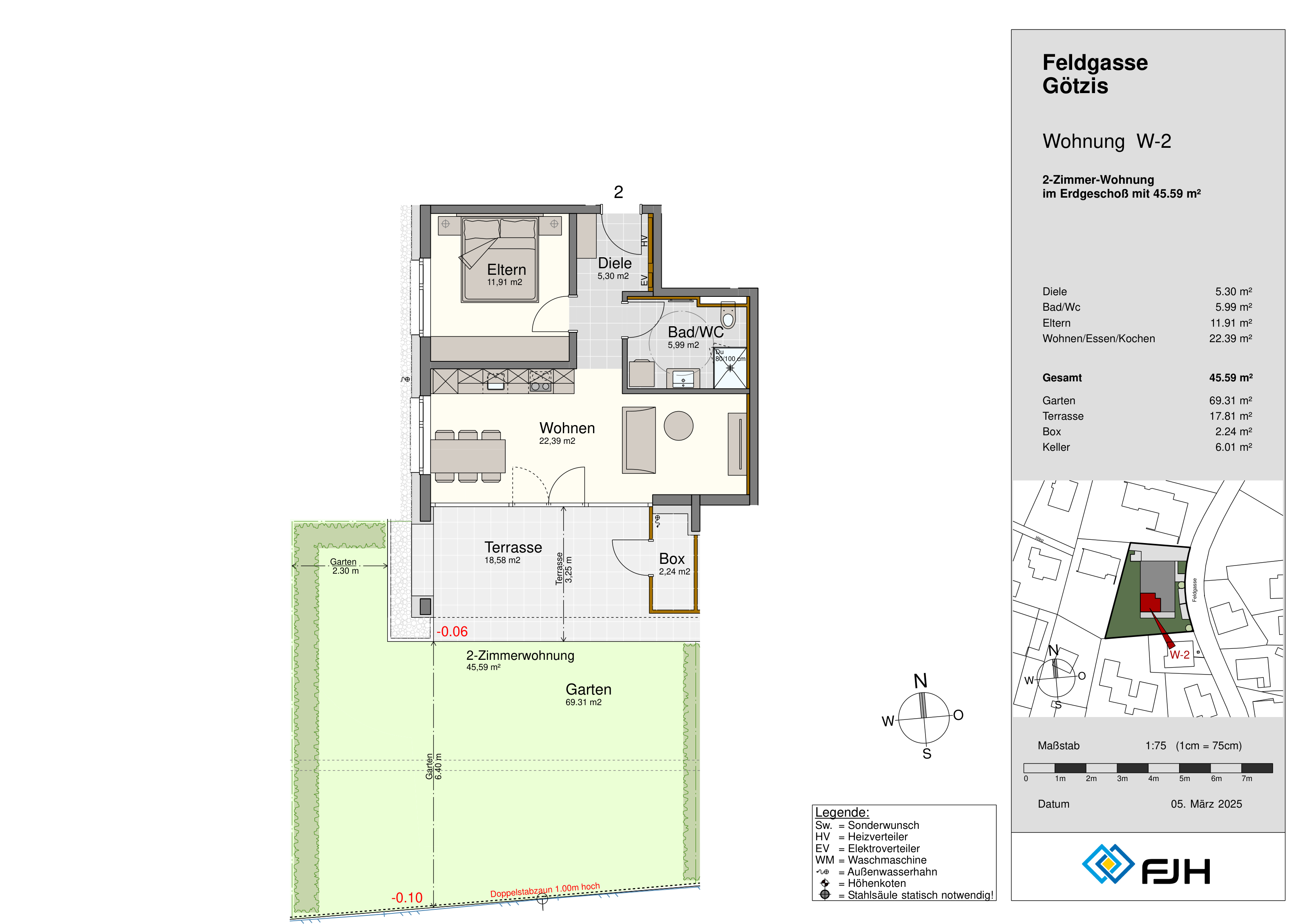Grundriss Top 2, Feldgasse 9 Götzis: 2-Zimmer-Wohnung mit 45,59 m² im Erdgeschoss, mit Terrasse und Eigengarten.