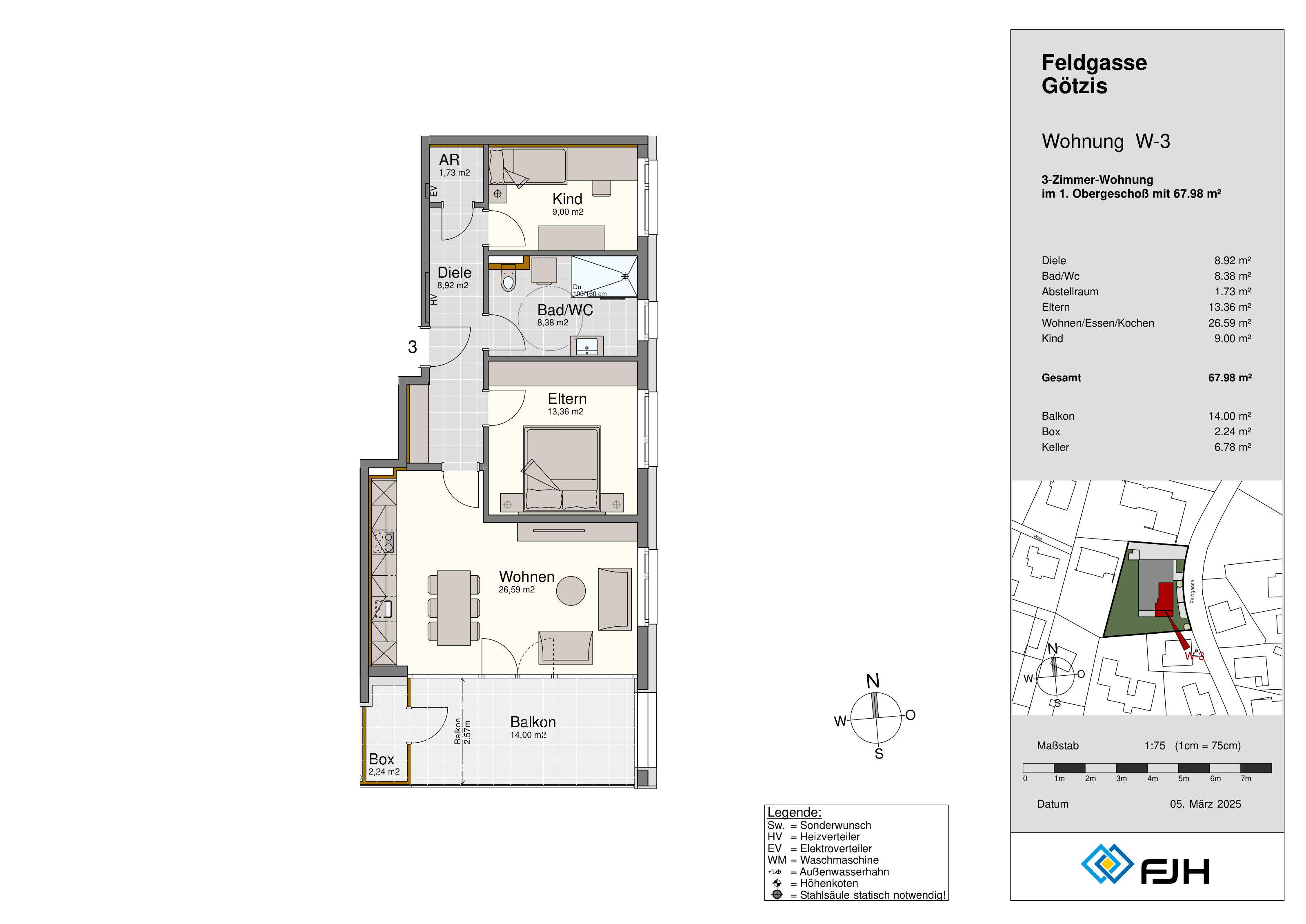 Grundriss Top 3, Feldgasse 9 Götzis: 3-Zimmer-Wohnung mit 67,98 m² im 1. Obergeschoss, mit Balkon.