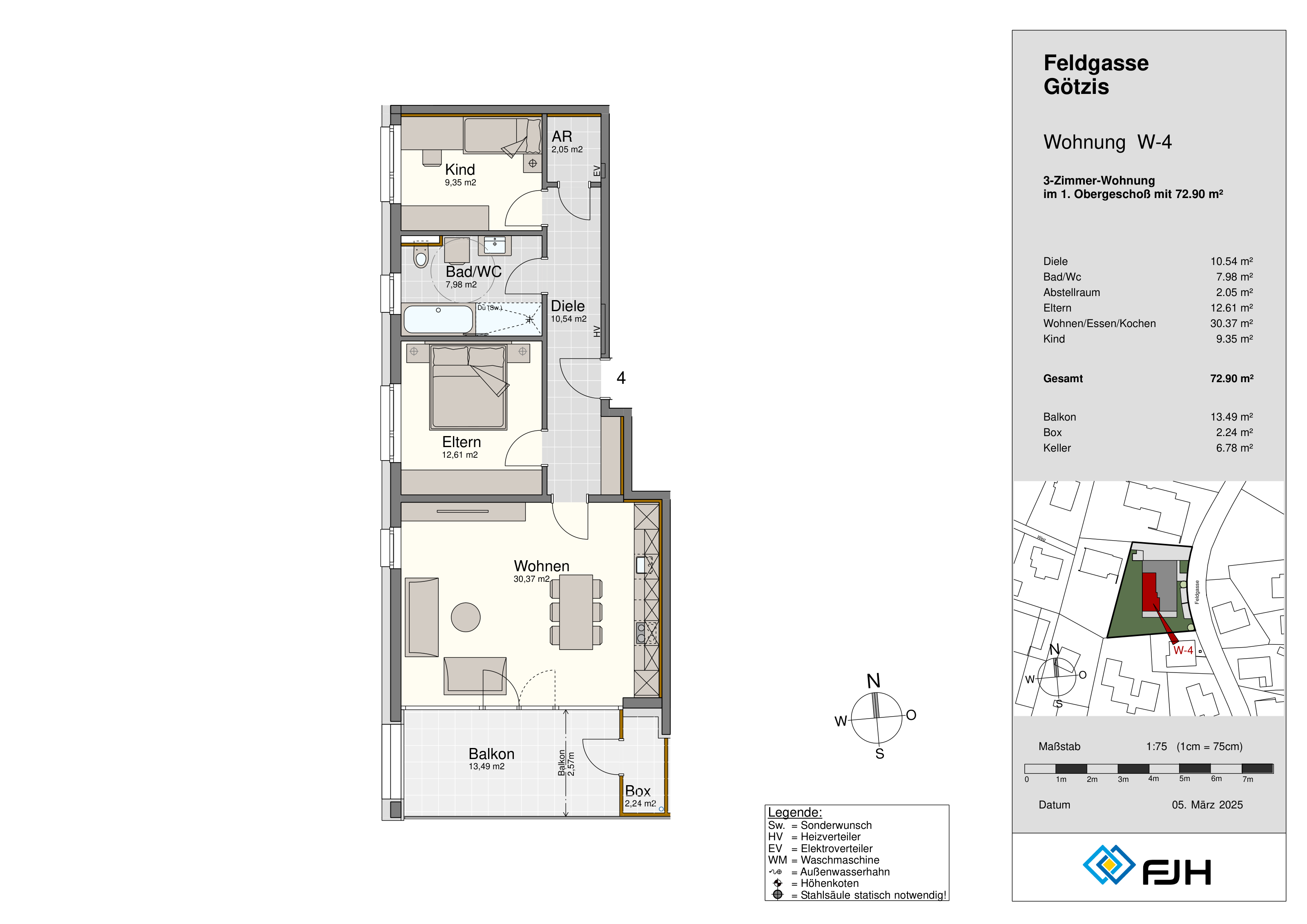 Grundriss Top 4, Feldgasse 9 Götzis: 3-Zimmer-Wohnung mit 72,90 m² im 1. Obergeschoss, mit Balkon.