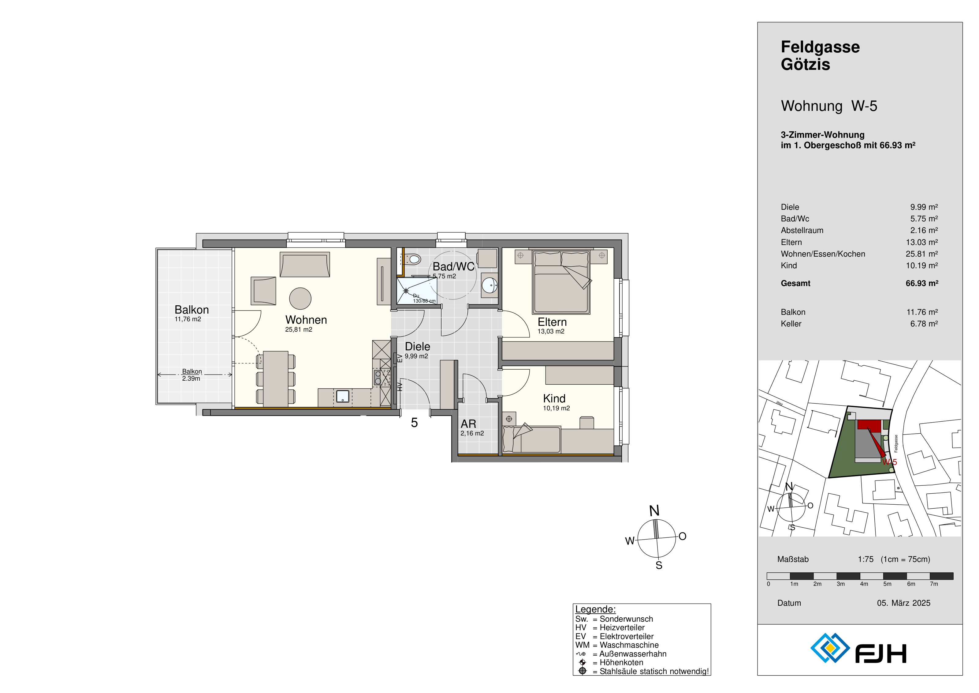 Grundriss Top 5, Feldgasse 9 Götzis: 3-Zimmer-Wohnung mit 66,93 m² im 1. Obergeschoss, mit Balkon.