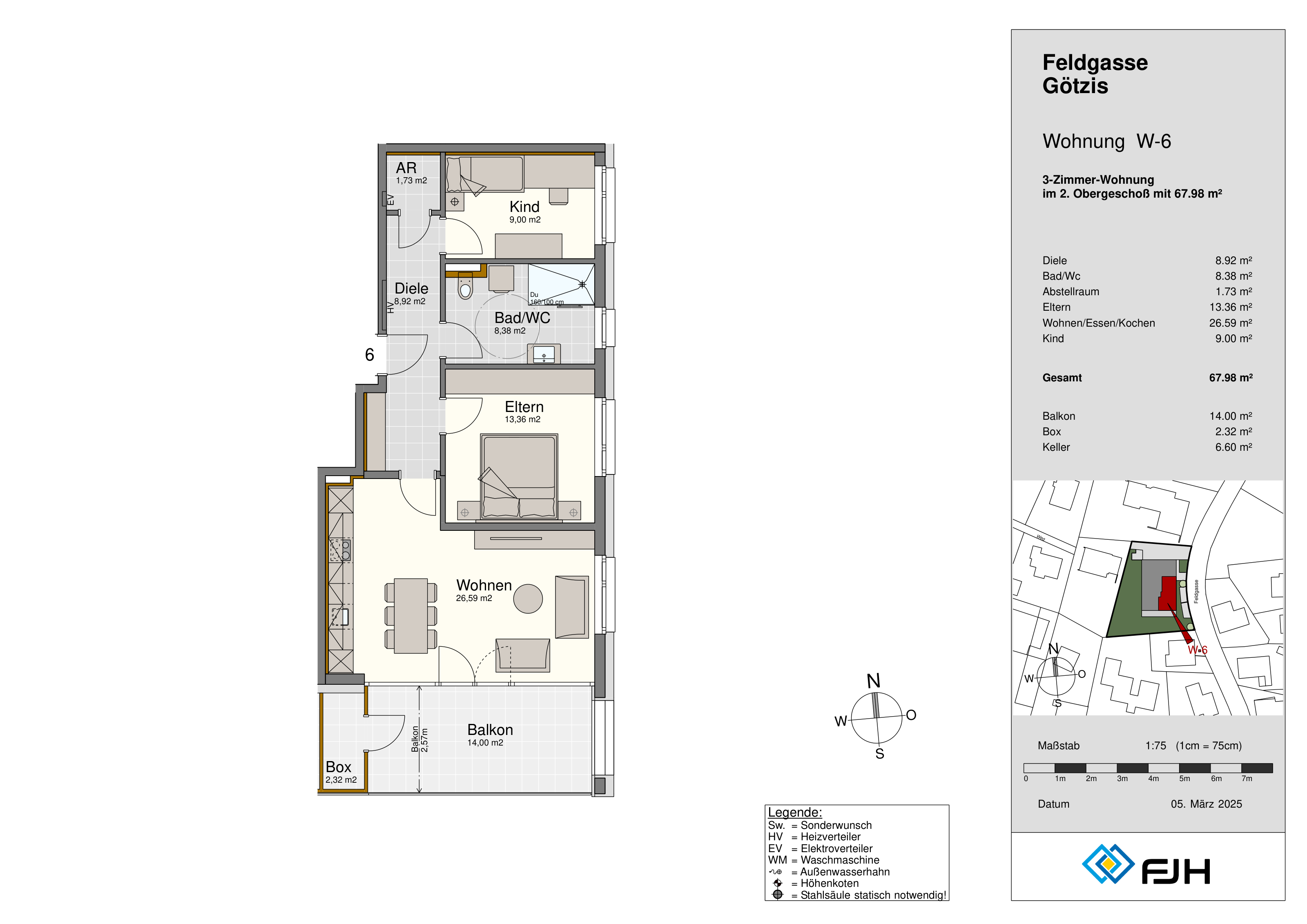 Grundriss Top 6, Feldgasse 9 Götzis: 3-Zimmer-Wohnung mit 67,98 m² im 2. Obergeschoss, mit Balkon.