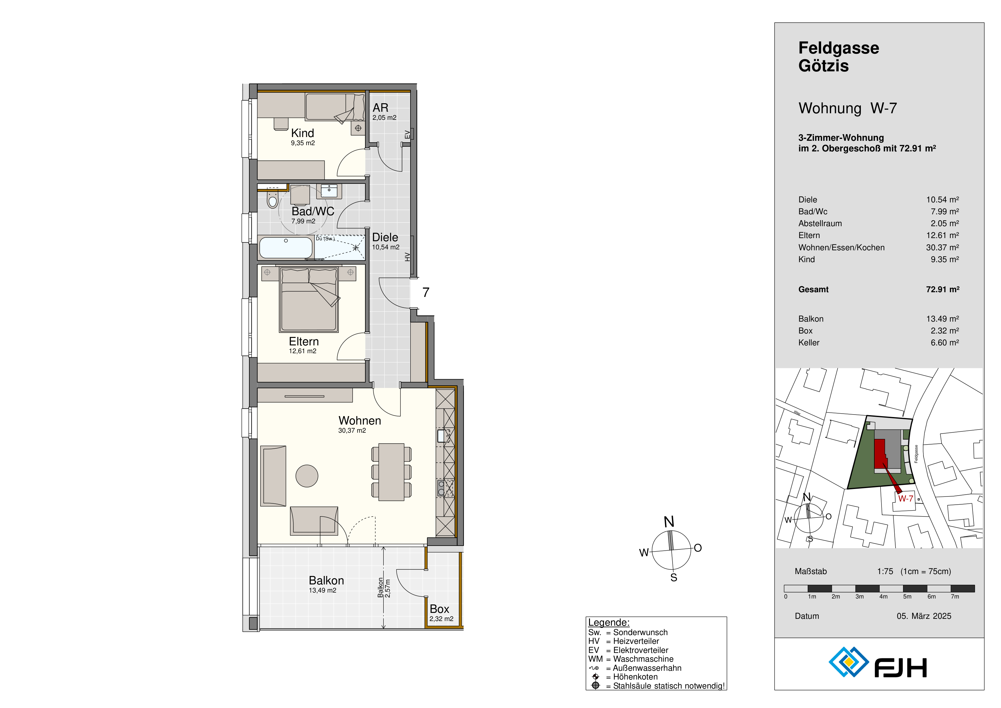 Grundriss Top 7, Feldgasse 9 Götzis: 3-Zimmer-Wohnung mit 72,91 m² im 2. Obergeschoss, mit Balkon.