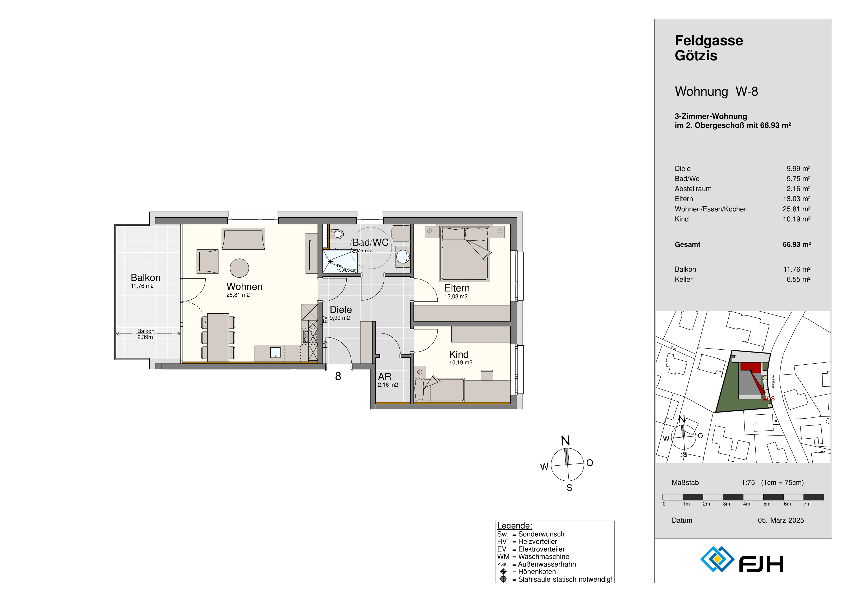 Grundriss Top 8, Feldgasse 9 Götzis: 3-Zimmer-Wohnung mit 66,93 m² im 2. Obergeschoss, mit Balkon.