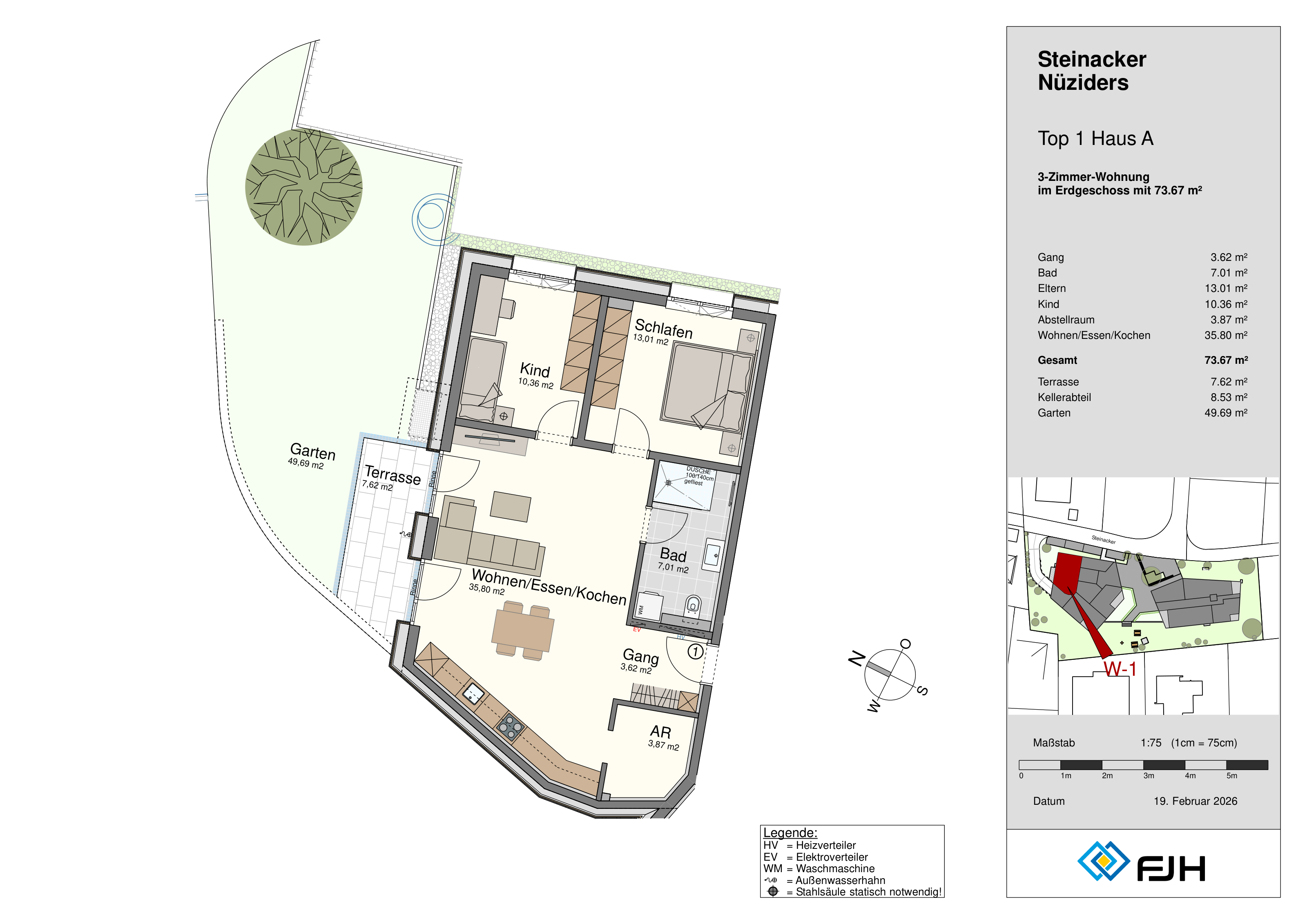 Grundriss Top 1, Haus A, Steinacker 19 Nüziders: 3-Zimmer-Wohnung mit 73,67 m² im Erdgeschoss, mit Terrasse und Eigengarten.