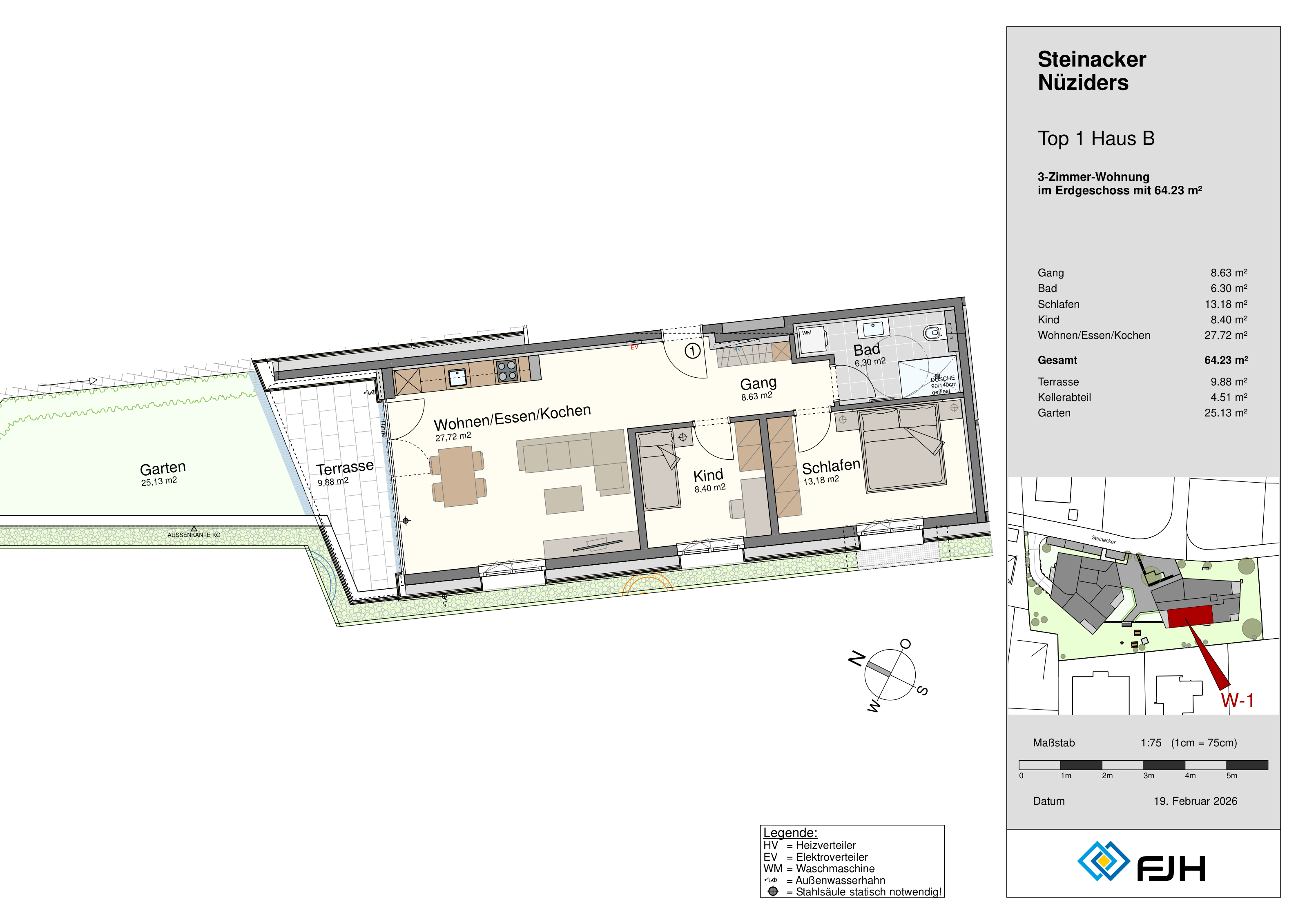 Grundriss Top 1, Haus B, Steinacker 19 Nüziders: 3-Zimmer-Wohnung mit 64,23 m² im Erdgeschoss, mit Terrasse und Eigengarten.