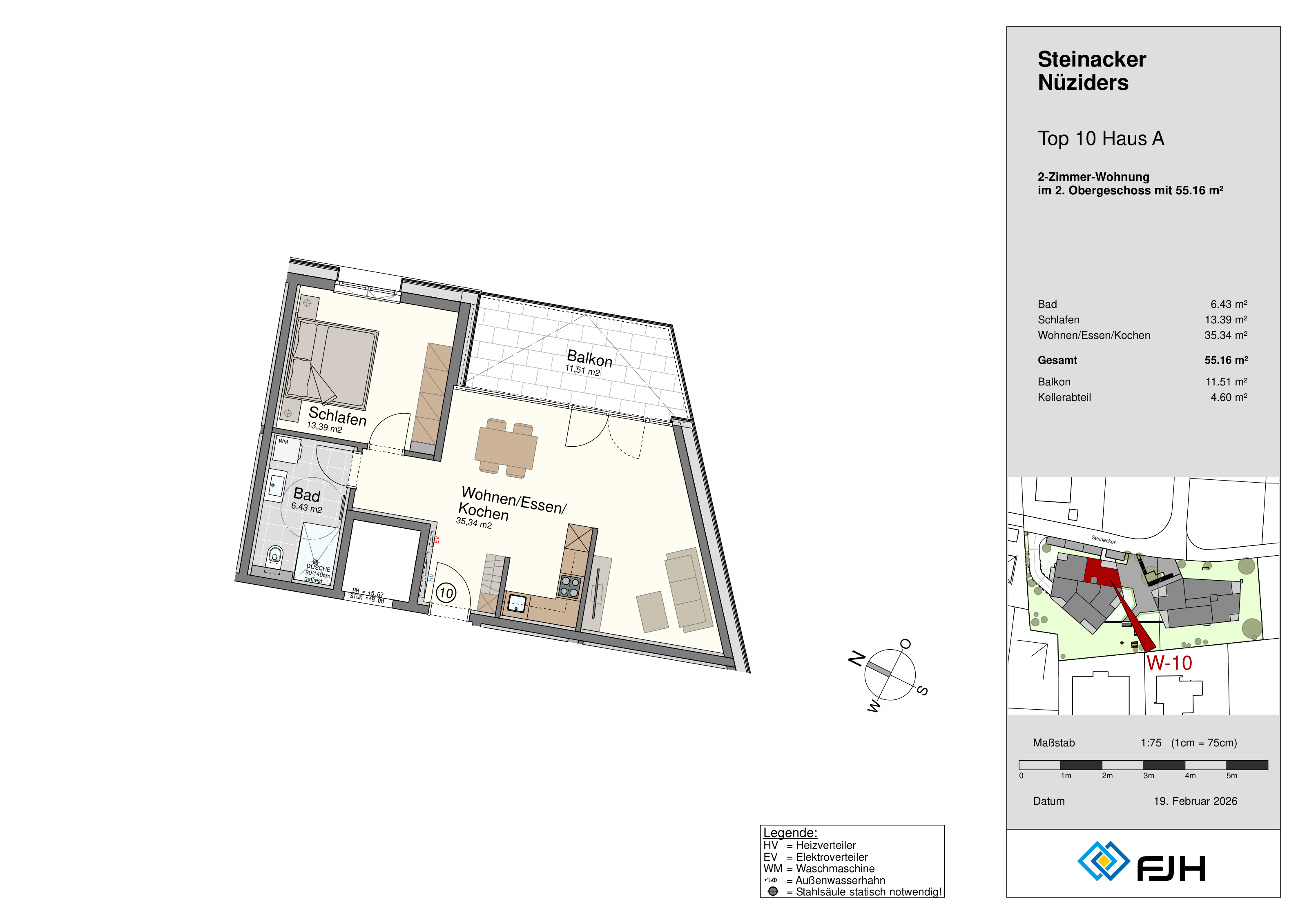Grundriss Top 10, Haus A, Steinacker 19 Nüziders: 2-Zimmer-Wohnung mit 55,16 m² im 2. Obergeschoss, mit Balkon.