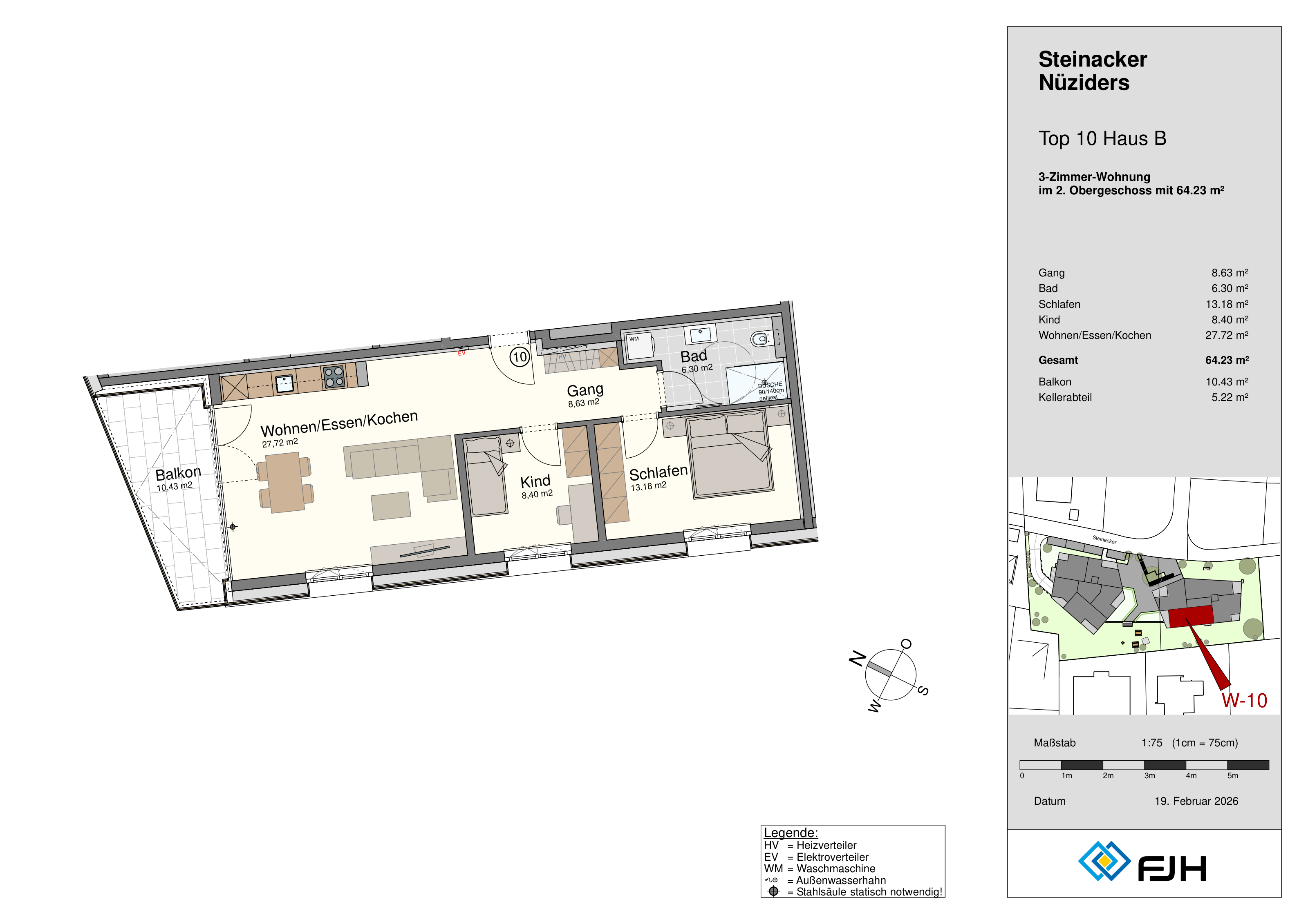 Grundriss Top 10, Haus B, Steinacker 19 Nüziders: 3-Zimmer-Wohnung mit 64,23 m² im 2. Obergeschoss, mit Balkon.