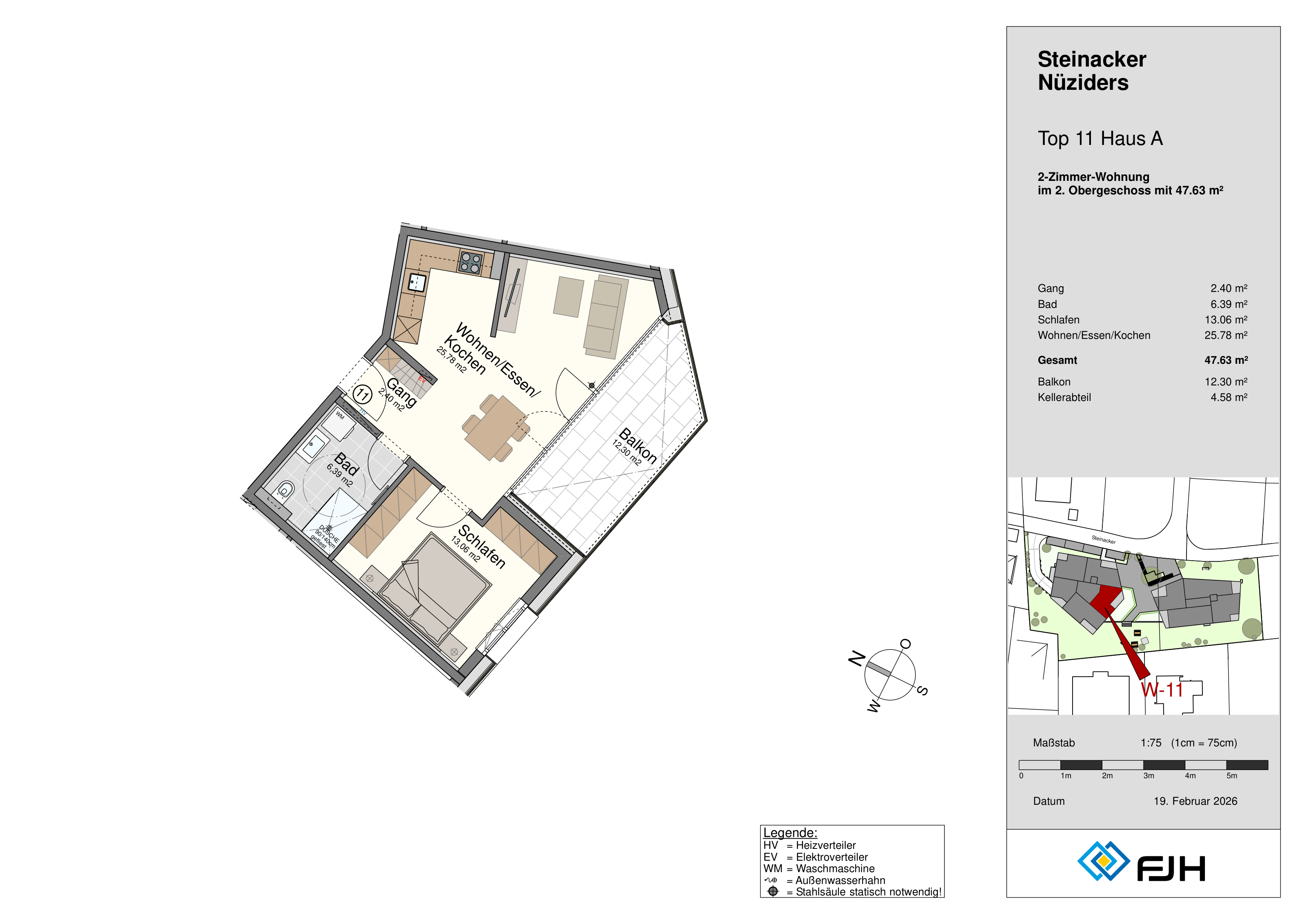 Grundriss Top 11, Haus A, Steinacker 19 Nüziders: 2-Zimmer-Wohnung mit 47,63 m² im 2. Obergeschoss, mit Balkon.