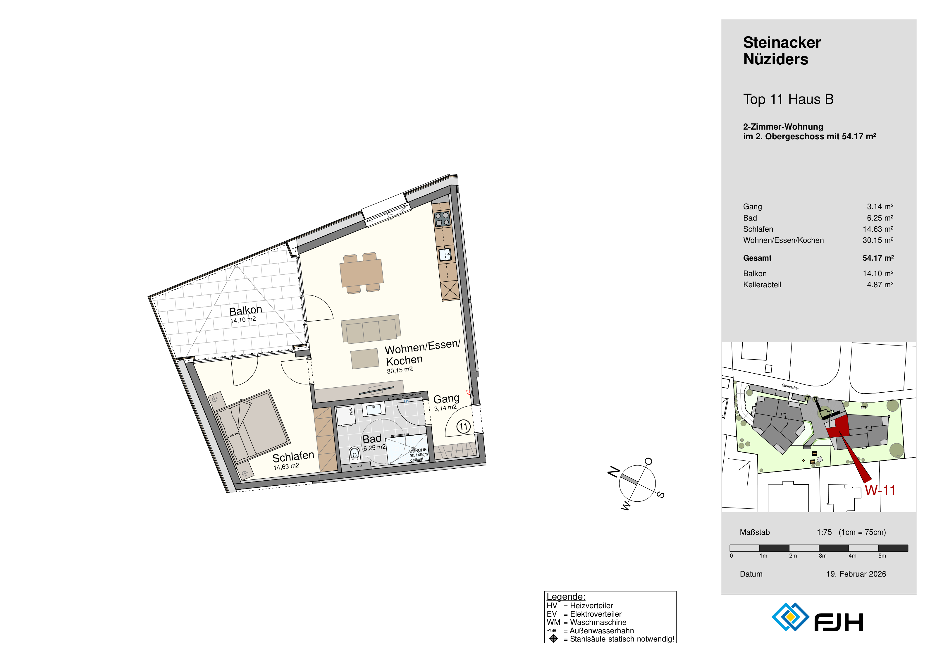 Grundriss Top 11, Haus B, Steinacker 19 Nüziders: 2-Zimmer-Wohnung mit 54,17 m² im 2. Obergeschoss, mit Balkon.