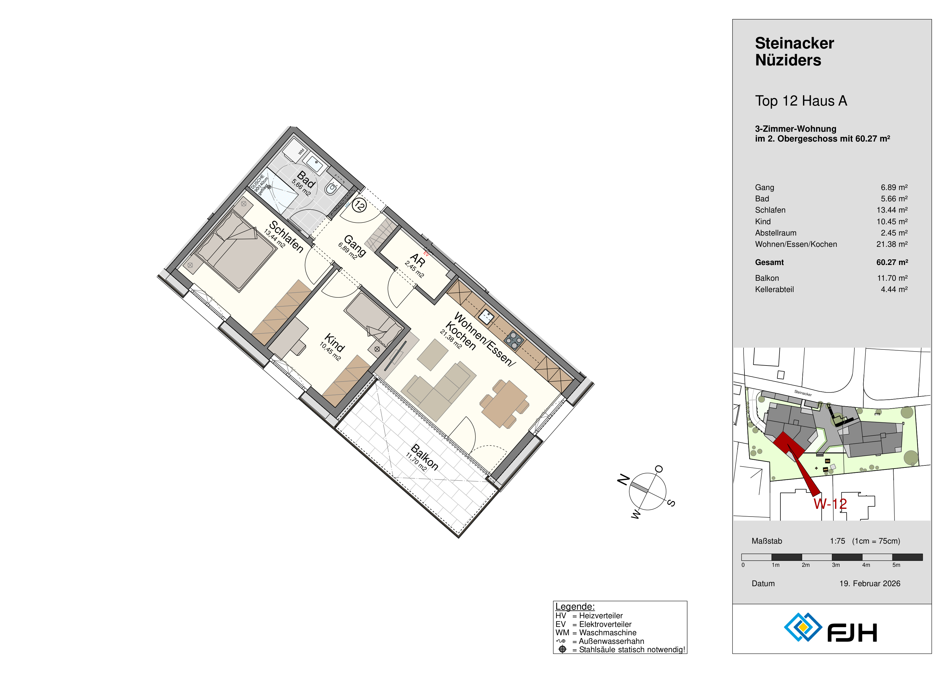 Grundriss Top 12, Haus A, Steinacker 19 Nüziders: 3-Zimmer-Wohnung mit 60,27 m² im 2. Obergeschoss, mit Balkon.