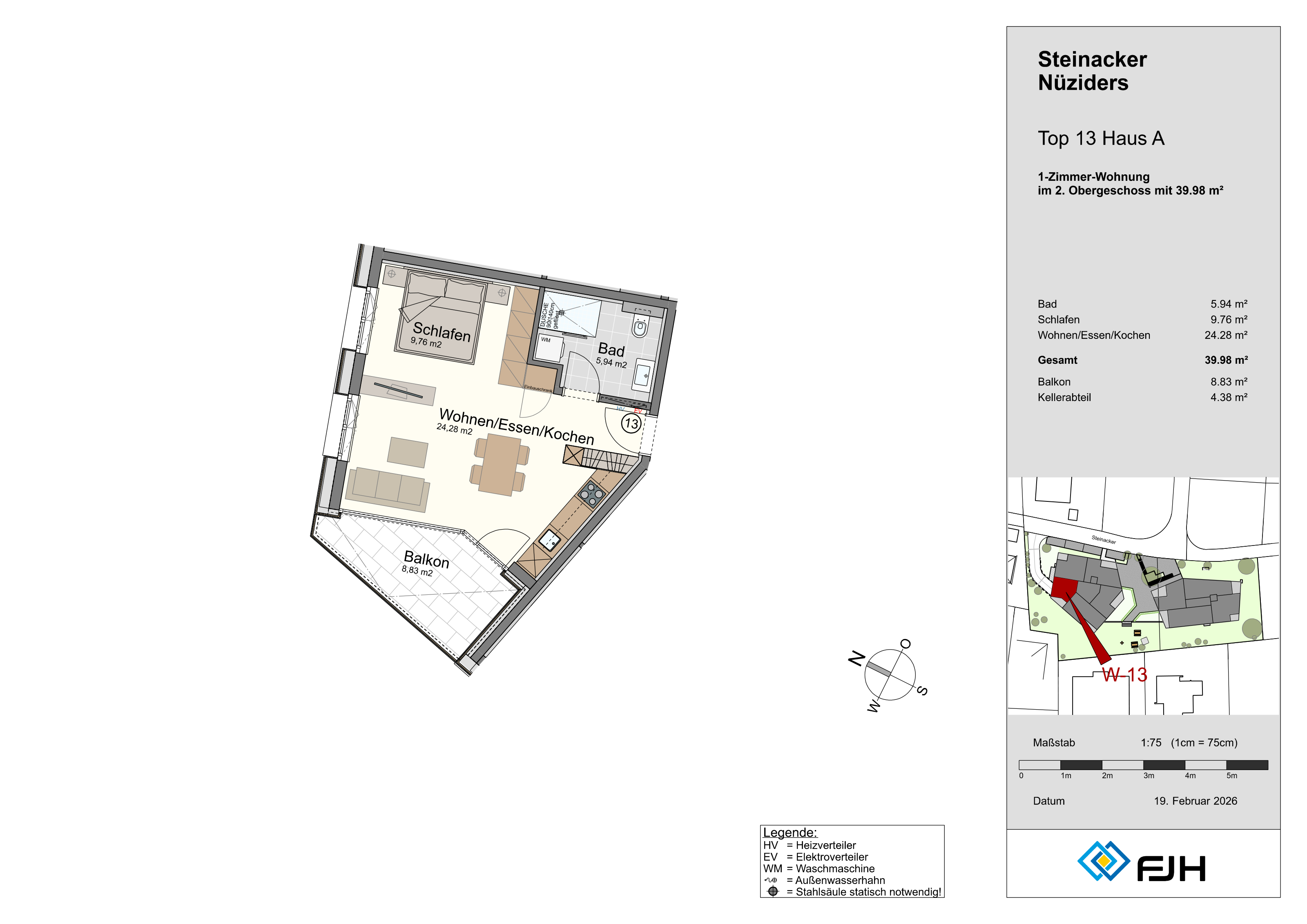 Grundriss Top 13, Haus A, Steinacker 19 Nüziders: 1-Zimmer-Wohnung mit 39,98 m² im 2. Obergeschoss, mit Balkon.