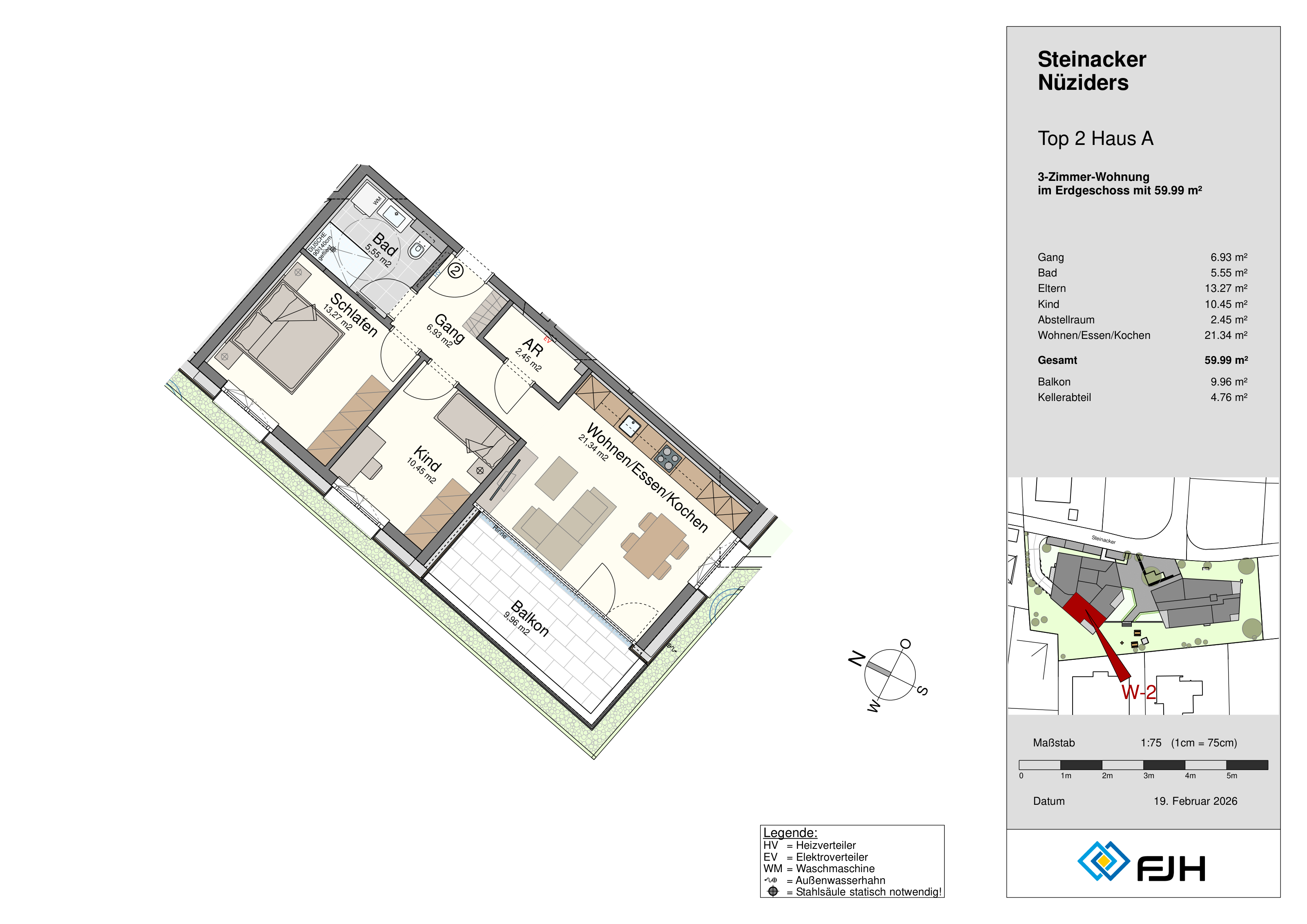 Grundriss Top 2, Haus A, Steinacker 19 Nüziders: 3-Zimmer-Wohnung mit 59,99 m² im Erdgeschoss, mit Balkon.