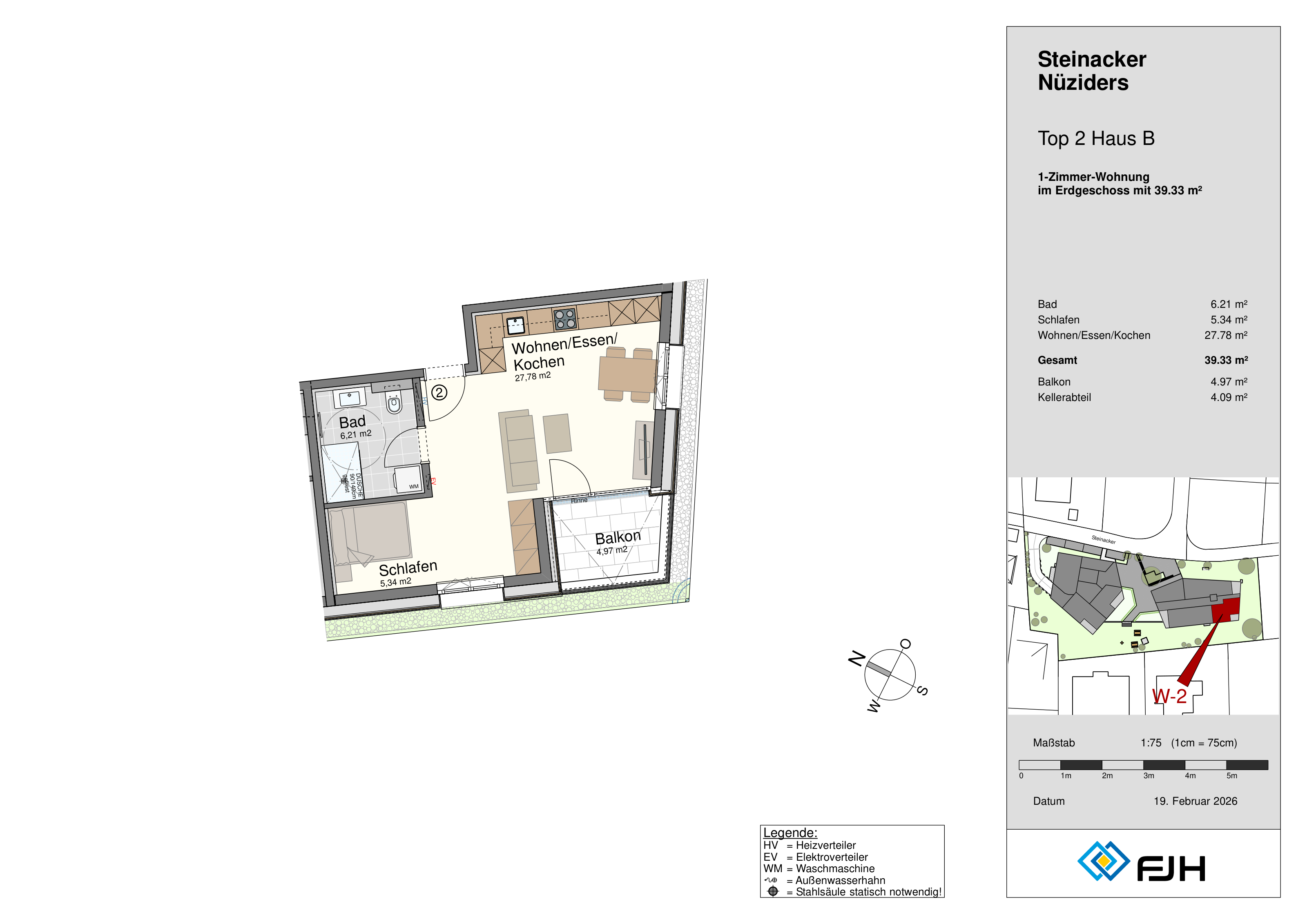 Grundriss Top 2, Haus B, Steinacker 19 Nüziders: 1-Zimmer-Wohnung mit 39,33 m² im Erdgeschoss, mit Balkon.