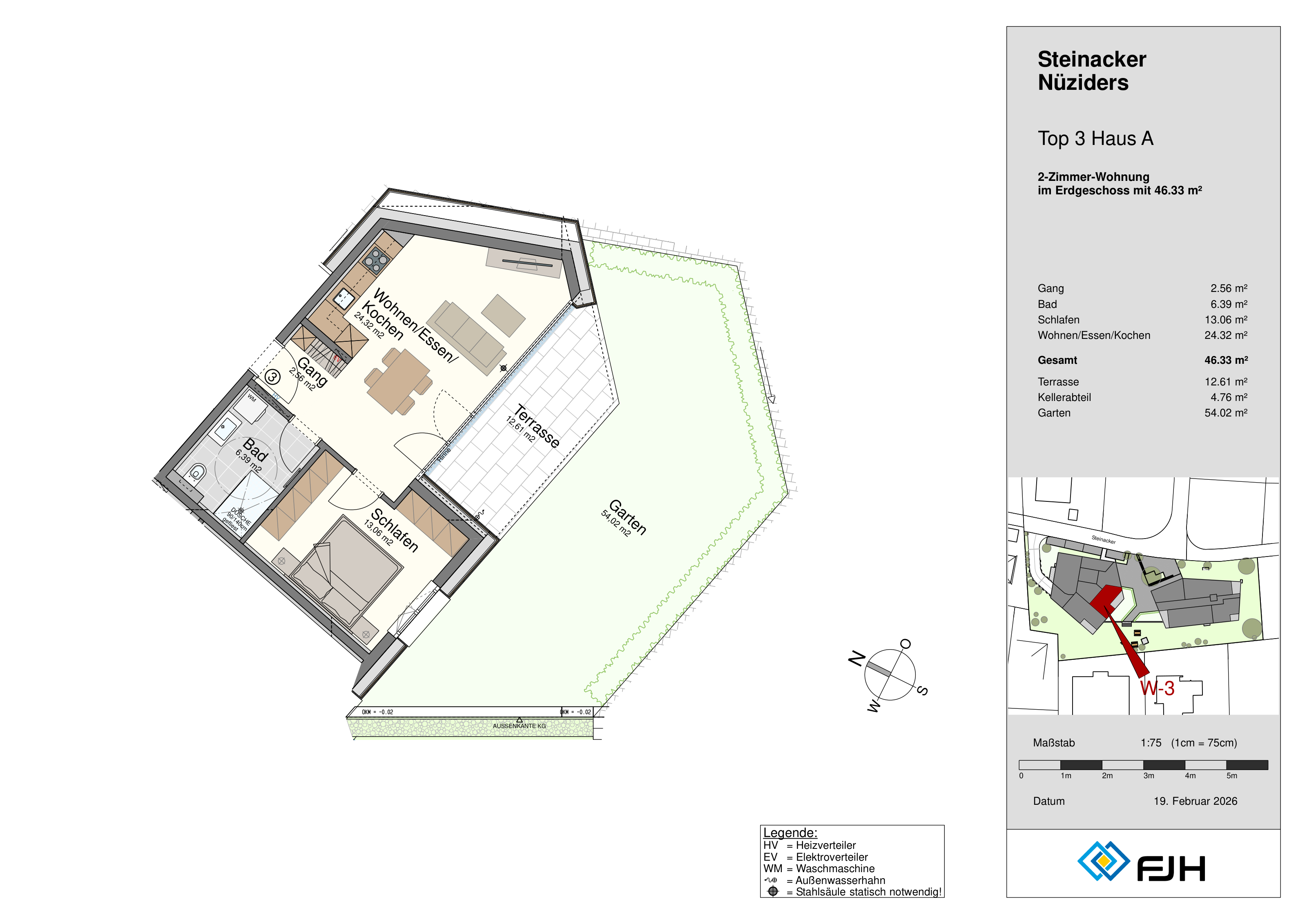 Grundriss Top 3, Haus A, Steinacker 19 Nüziders: 2-Zimmer-Wohnung mit 46,33 m² im Erdgeschoss, mit Terrasse und Eigengarten.