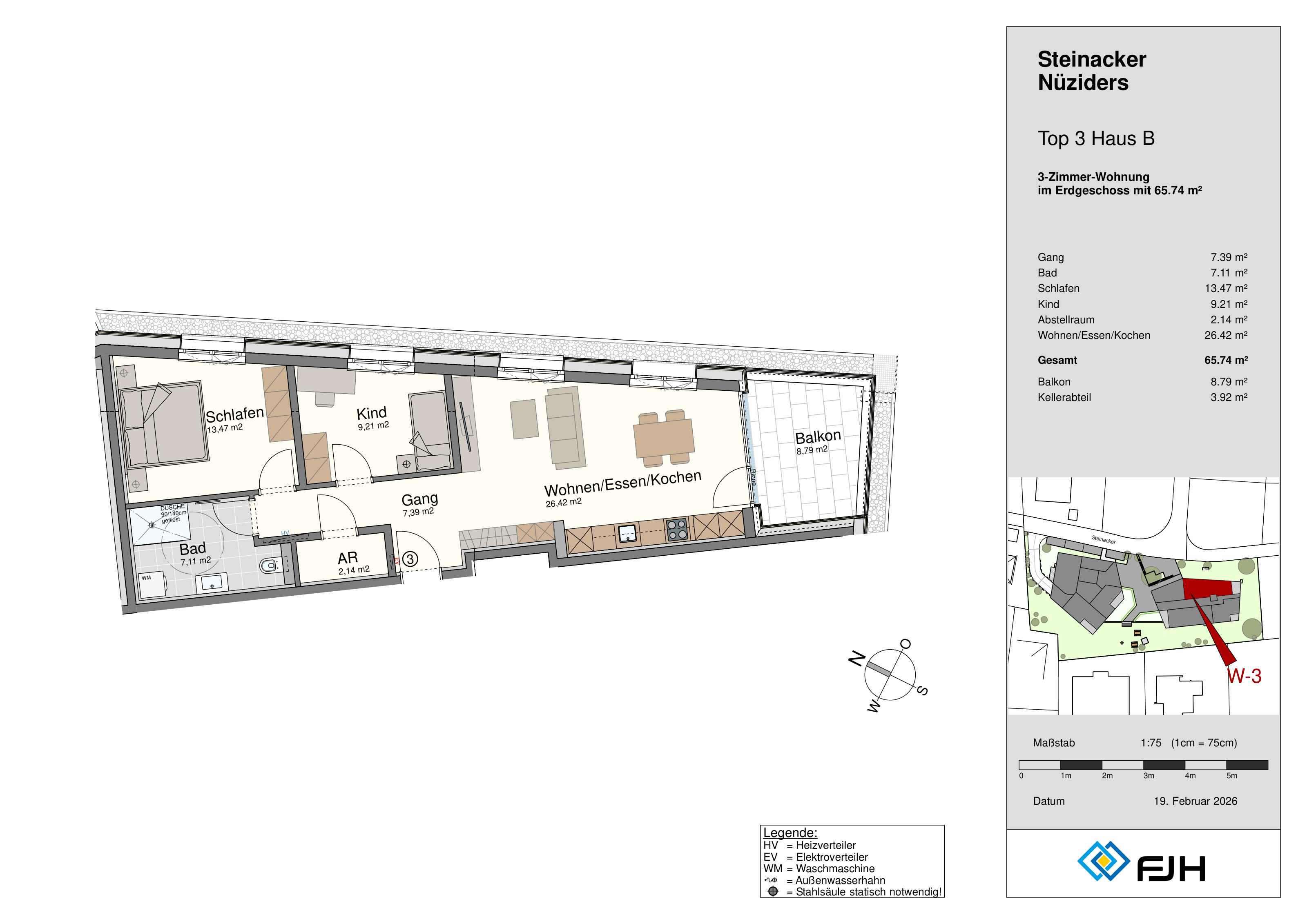 Grundriss Top 3, Haus B, Steinacker 19 Nüziders: 3-Zimmer-Wohnung mit 65,74 m² im Erdgeschoss, mit Balkon.