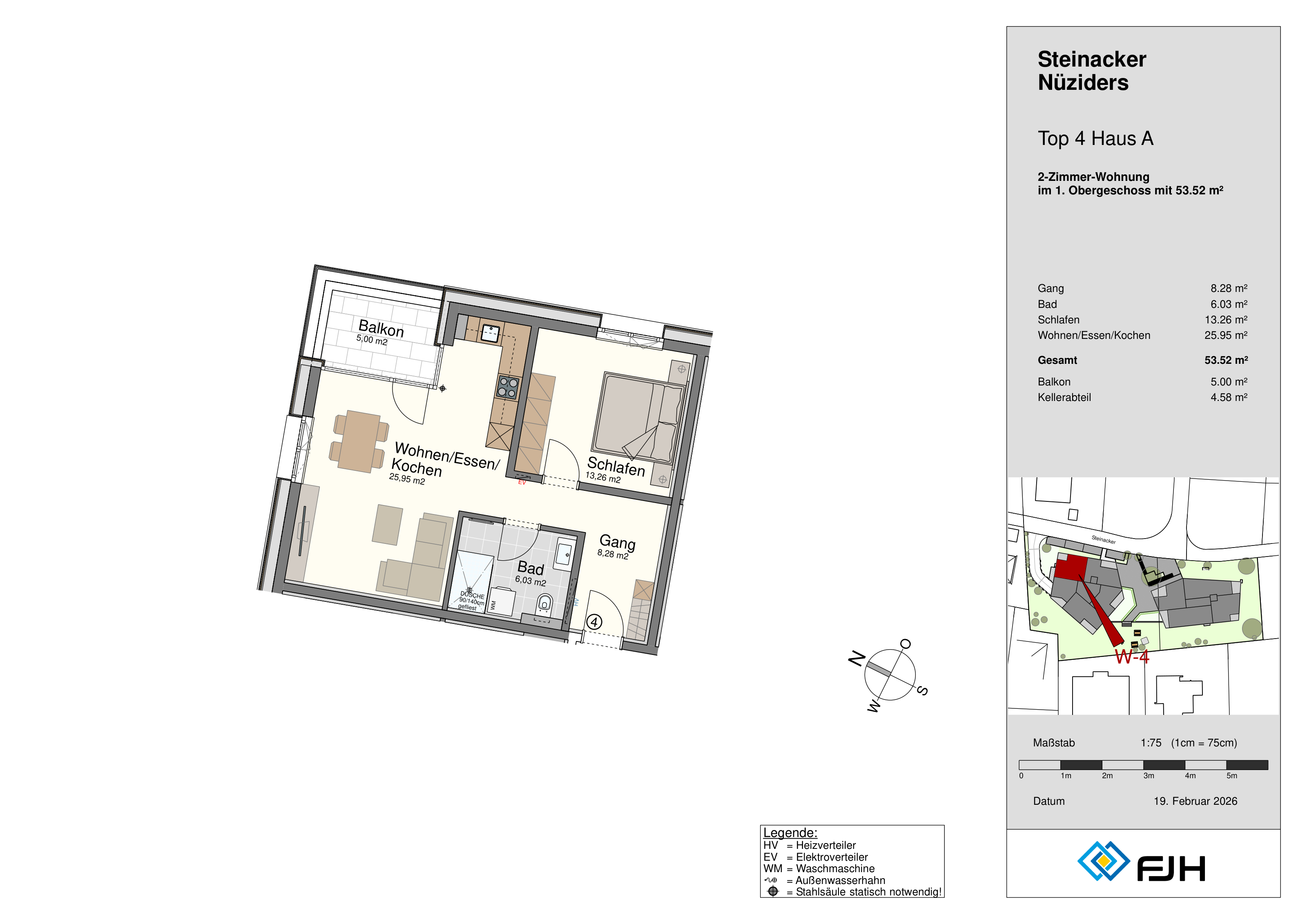 Grundriss Top 4, Haus A, Steinacker 19 Nüziders: 2-Zimmer-Wohnung mit 53,52 m² im 1. Obergeschoss, Wohnen/Essen/Kochen, Schlafen, Bad, Gang und Balkon.
