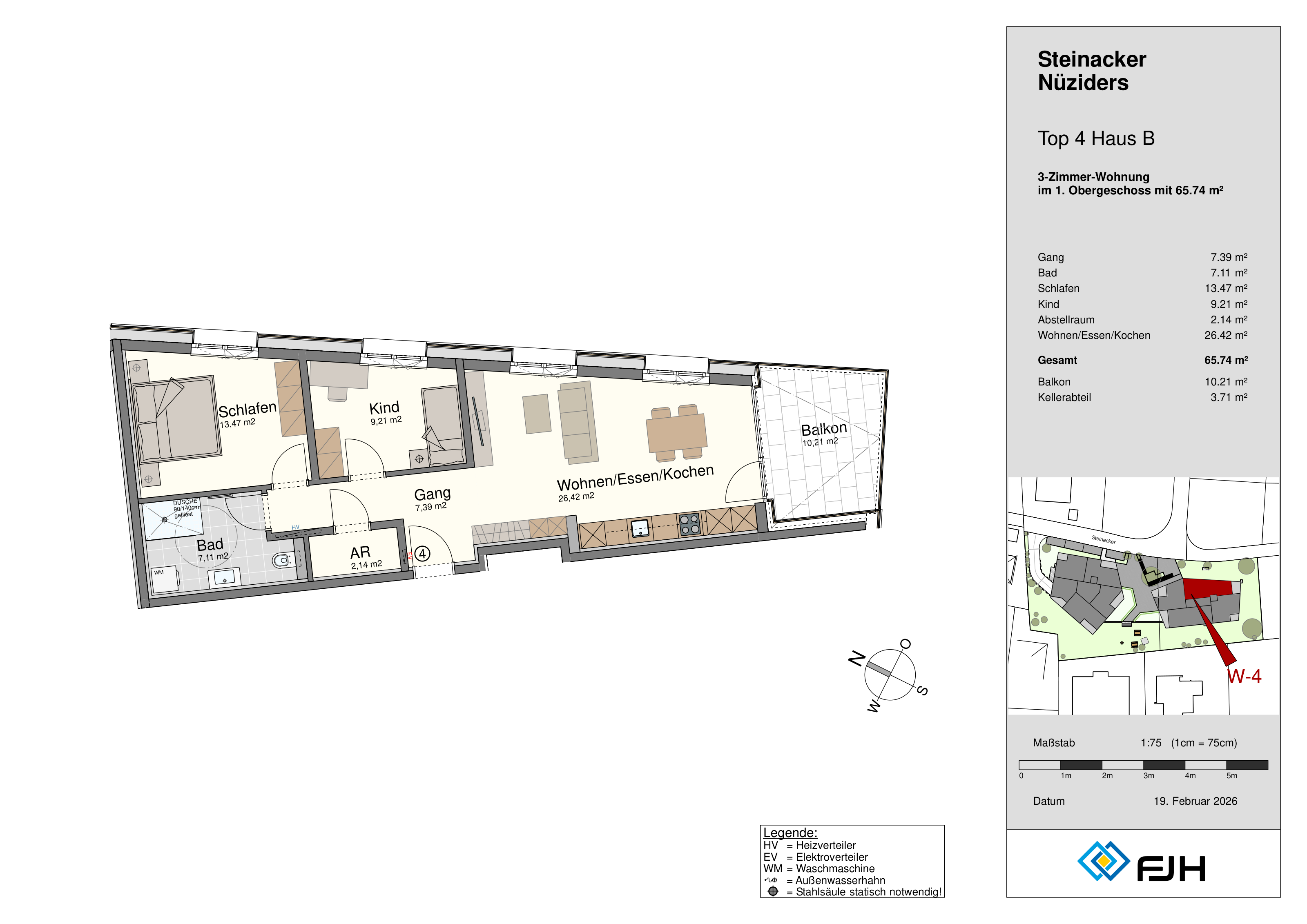 Grundriss Top 4, Haus B, Steinacker 19 Nüziders: 3-Zimmer-Wohnung mit 65,74 m² im 1. Obergeschoss, mit Balkon.
