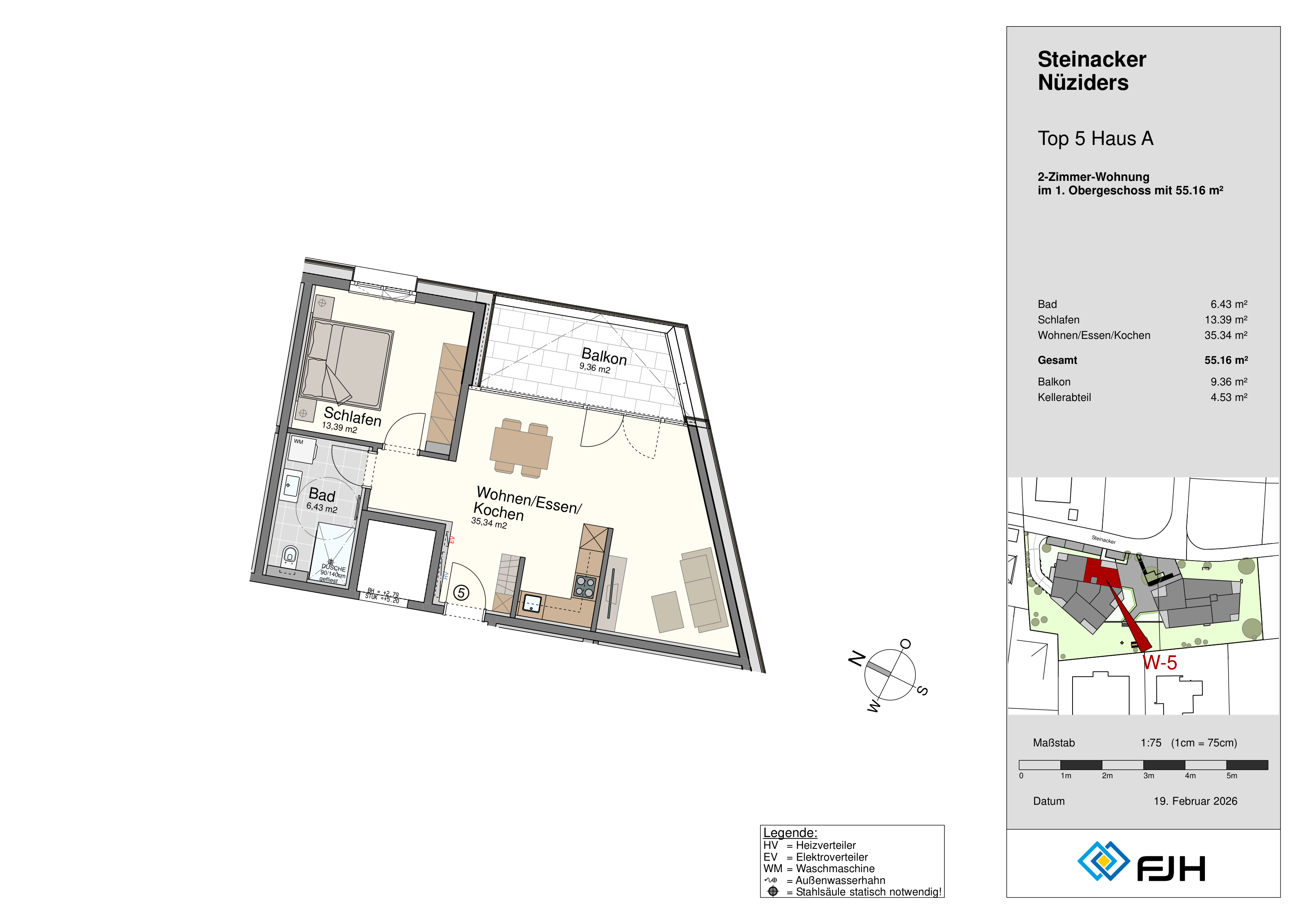 Grundriss Top 5, Haus A, Steinacker 19 Nüziders: 2-Zimmer-Wohnung mit 55,16 m² im 1. Obergeschoss, mit Balkon.