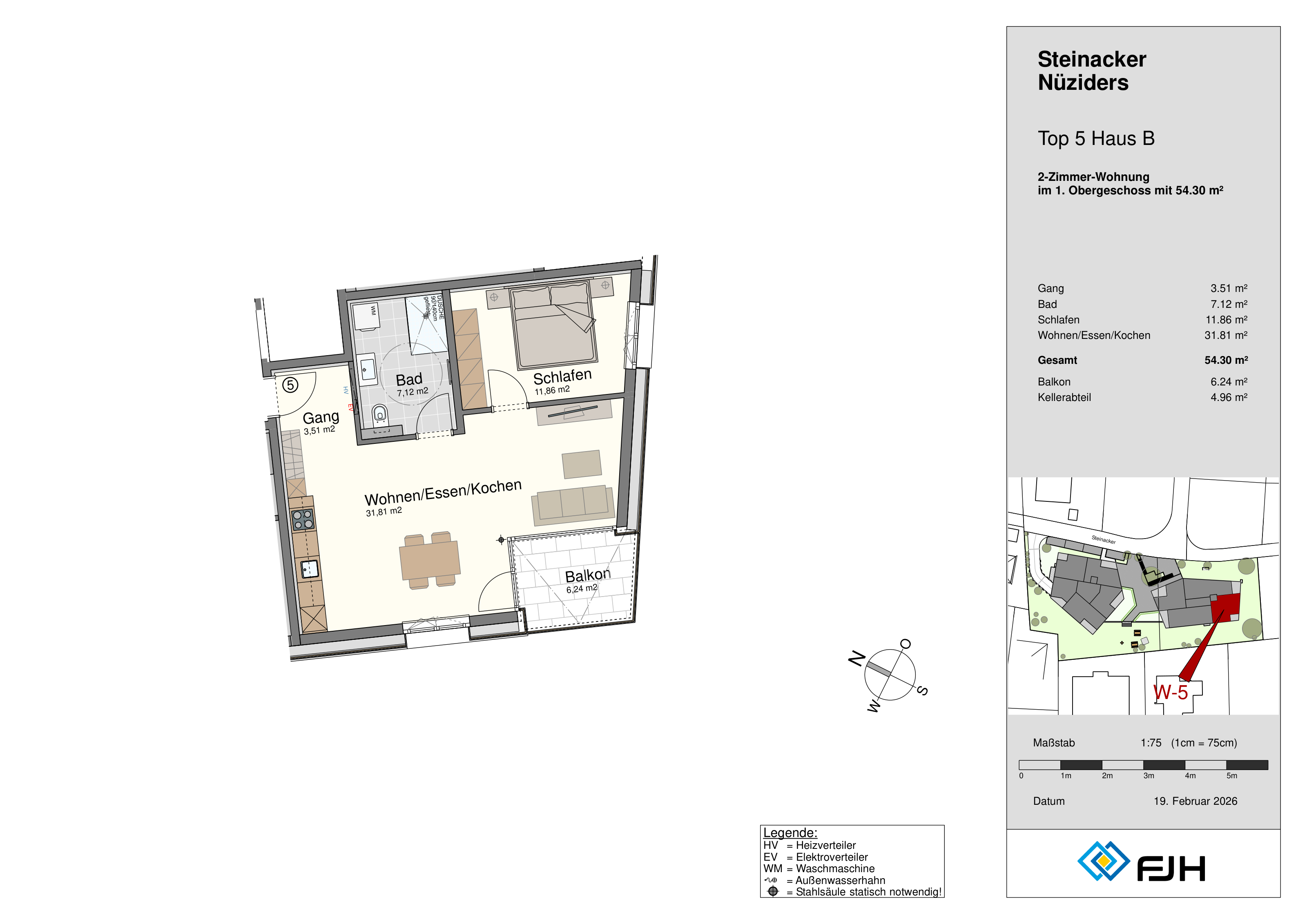 Grundriss Top 5, Haus B, Steinacker 19 Nüziders: 2-Zimmer-Wohnung mit 54,30 m² im 1. Obergeschoss, mit Balkon.