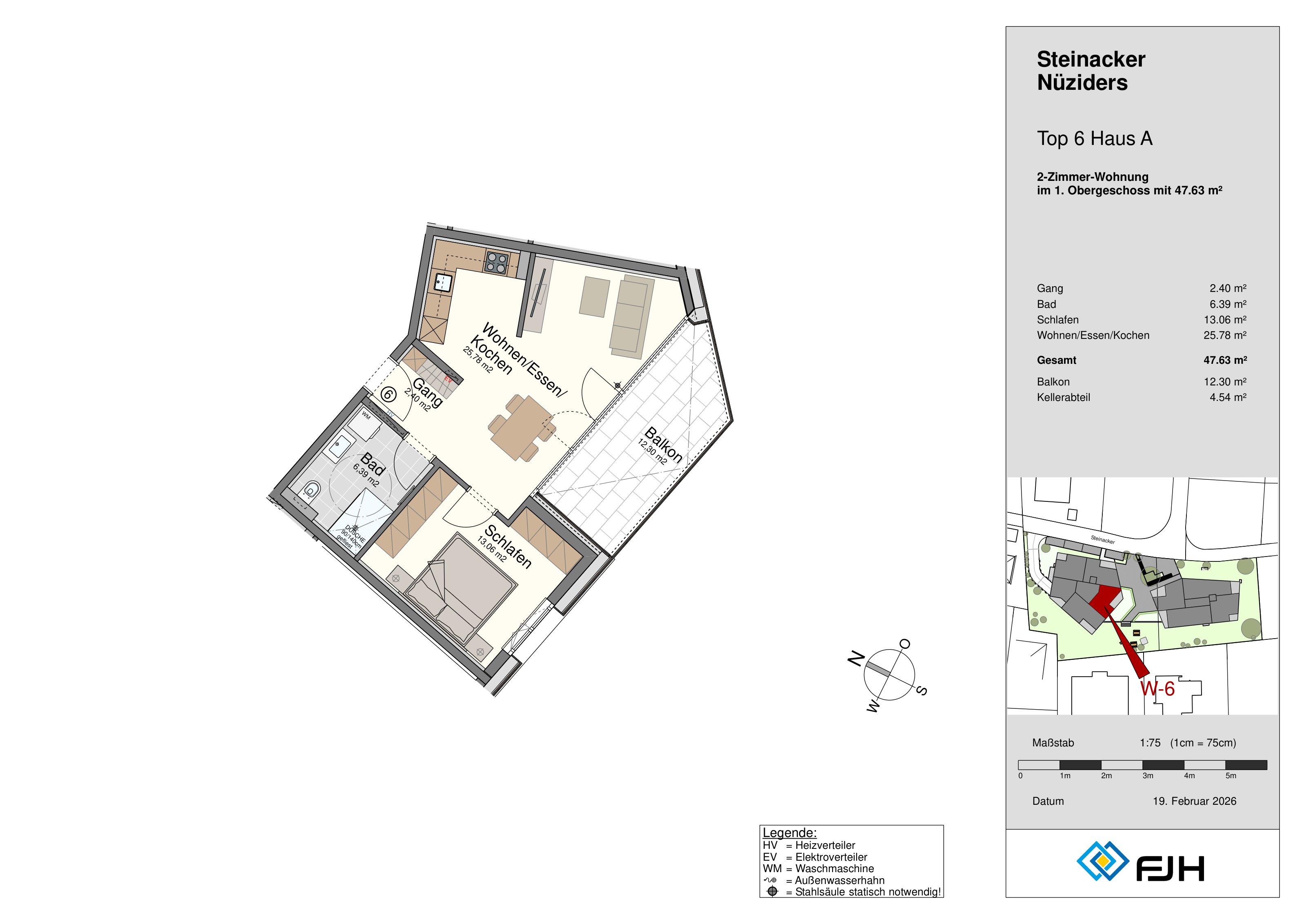 Grundriss Top 6, Haus A, Steinacker 19 Nüziders: 2-Zimmer-Wohnung mit 47,63 m² im 1. Obergeschoss, mit Balkon.