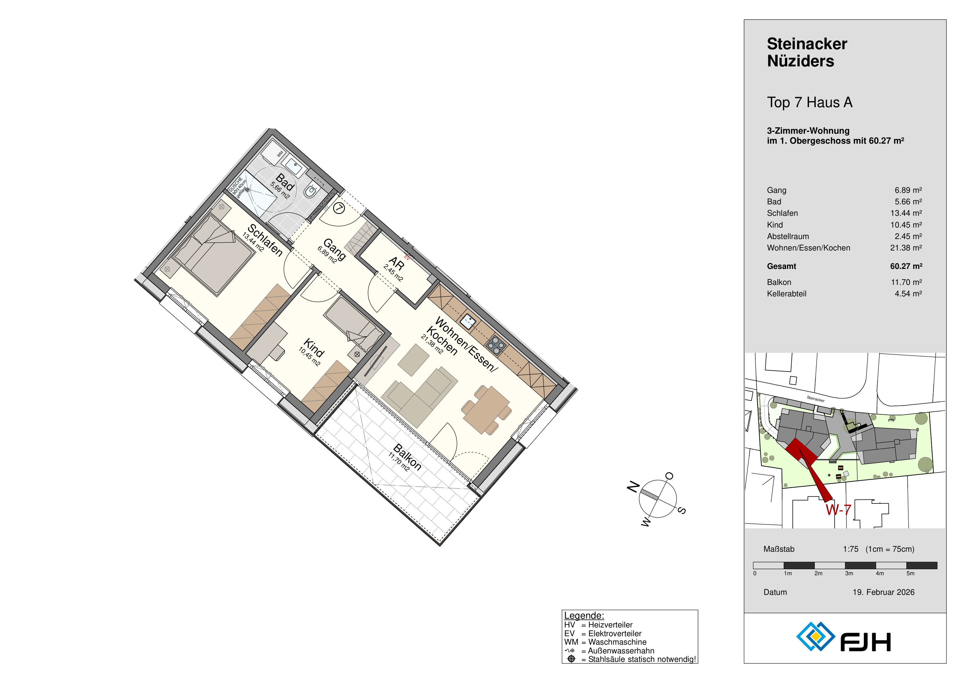 Grundriss Top 7, Haus A, Steinacker 19 Nüziders: 3-Zimmer-Wohnung mit 60,27 m² im 1. Obergeschoss, Wohnen/Essen/Kochen, Schlafen, Kind, Bad und Balkon.