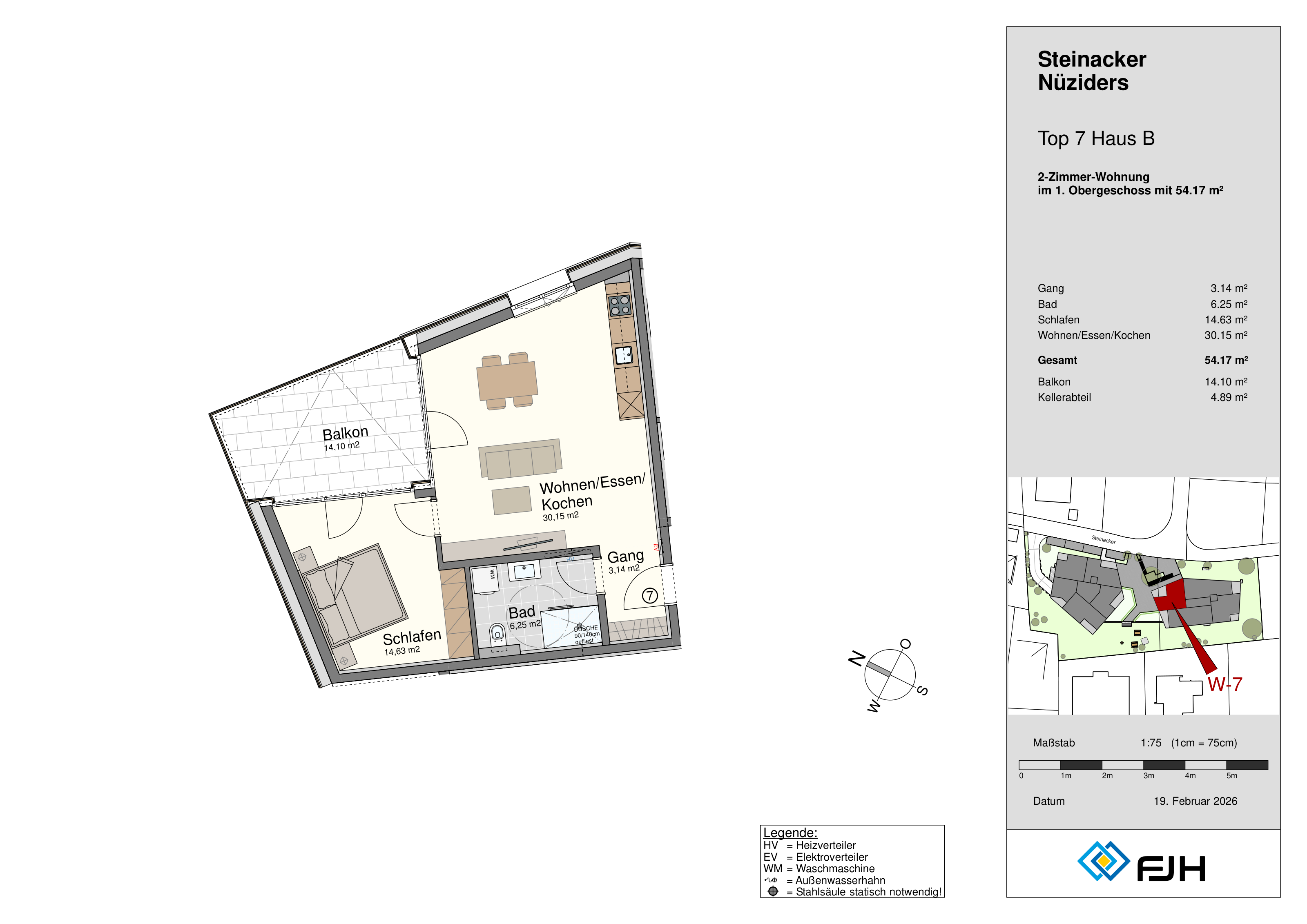 Grundriss Top 7, Haus B, Steinacker 19 Nüziders: 2-Zimmer-Wohnung mit 54,17 m² im 1. Obergeschoss, mit Balkon.