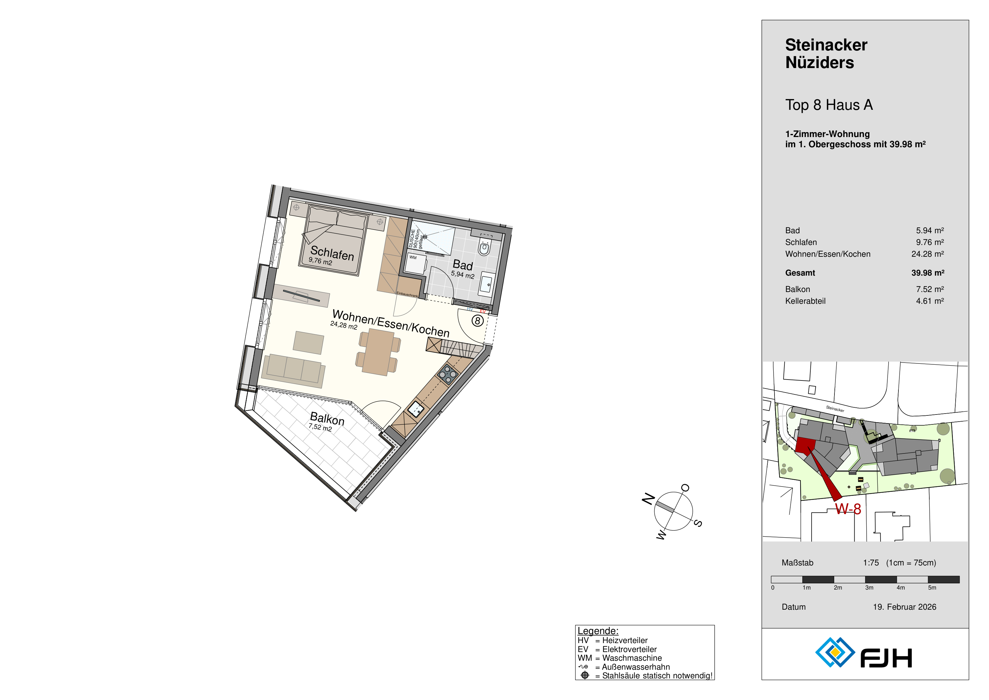 Grundriss Top 8, Haus A, Steinacker 19 Nüziders: 1-Zimmer-Wohnung mit 39,98 m² im 1. Obergeschoss, mit Balkon.
