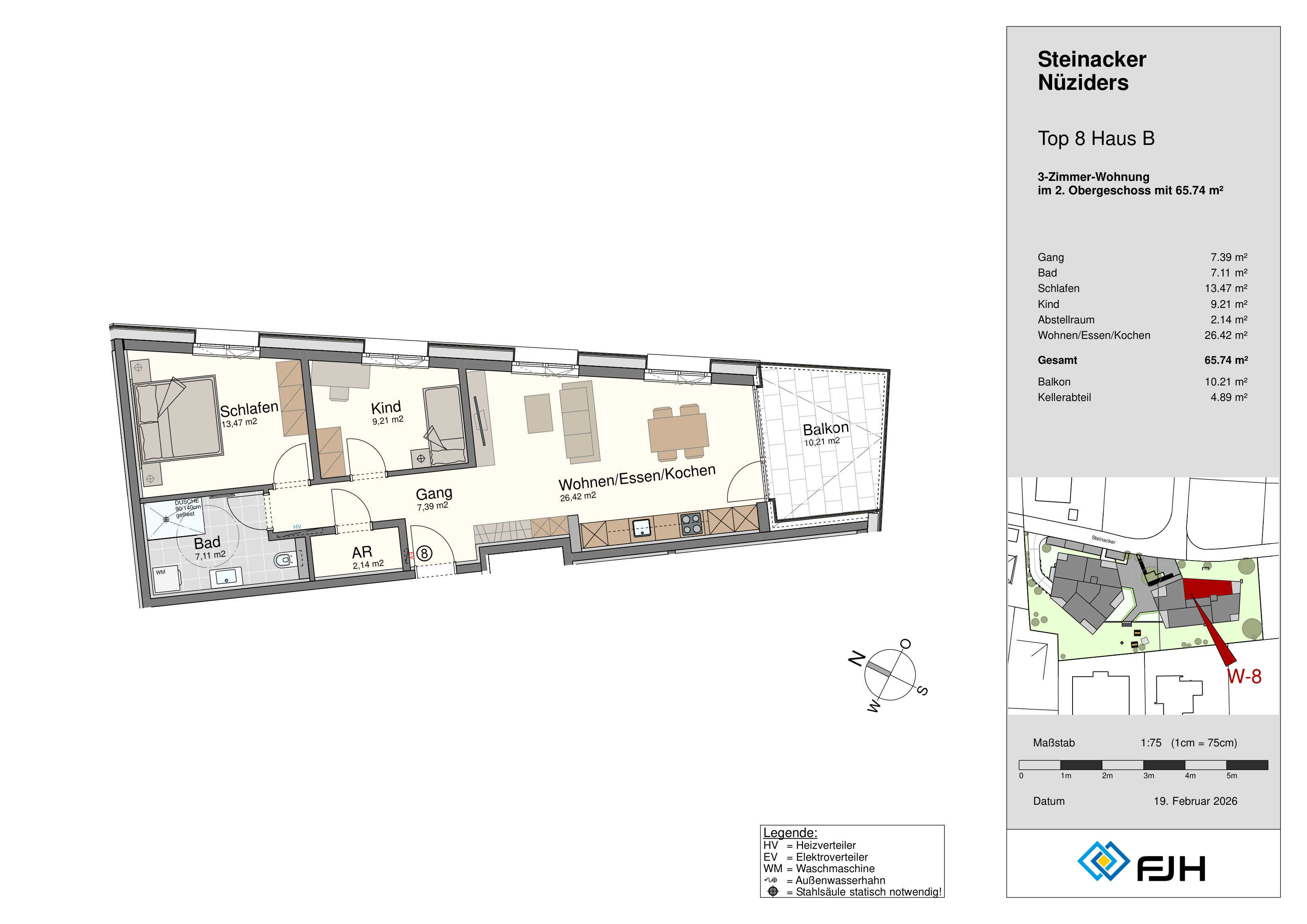 Grundriss Top 8, Haus B, Steinacker 19 Nüziders: 3-Zimmer-Wohnung mit 65,74 m² im 2. Obergeschoss, mit Balkon.