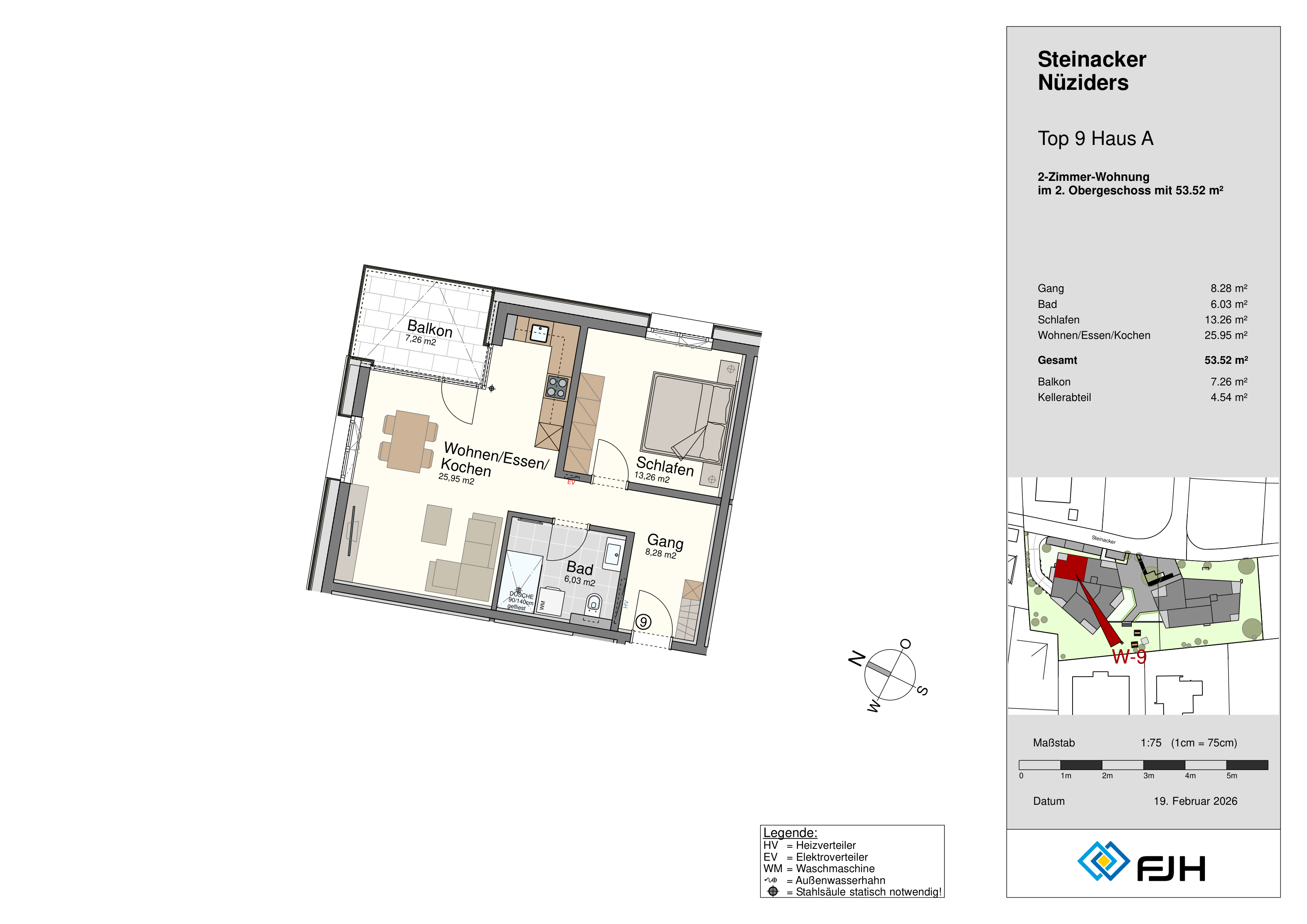 Grundriss Top 9, Haus A, Steinacker 19 Nüziders: 2-Zimmer-Wohnung mit 53,52 m² im 2. Obergeschoss, mit Balkon.