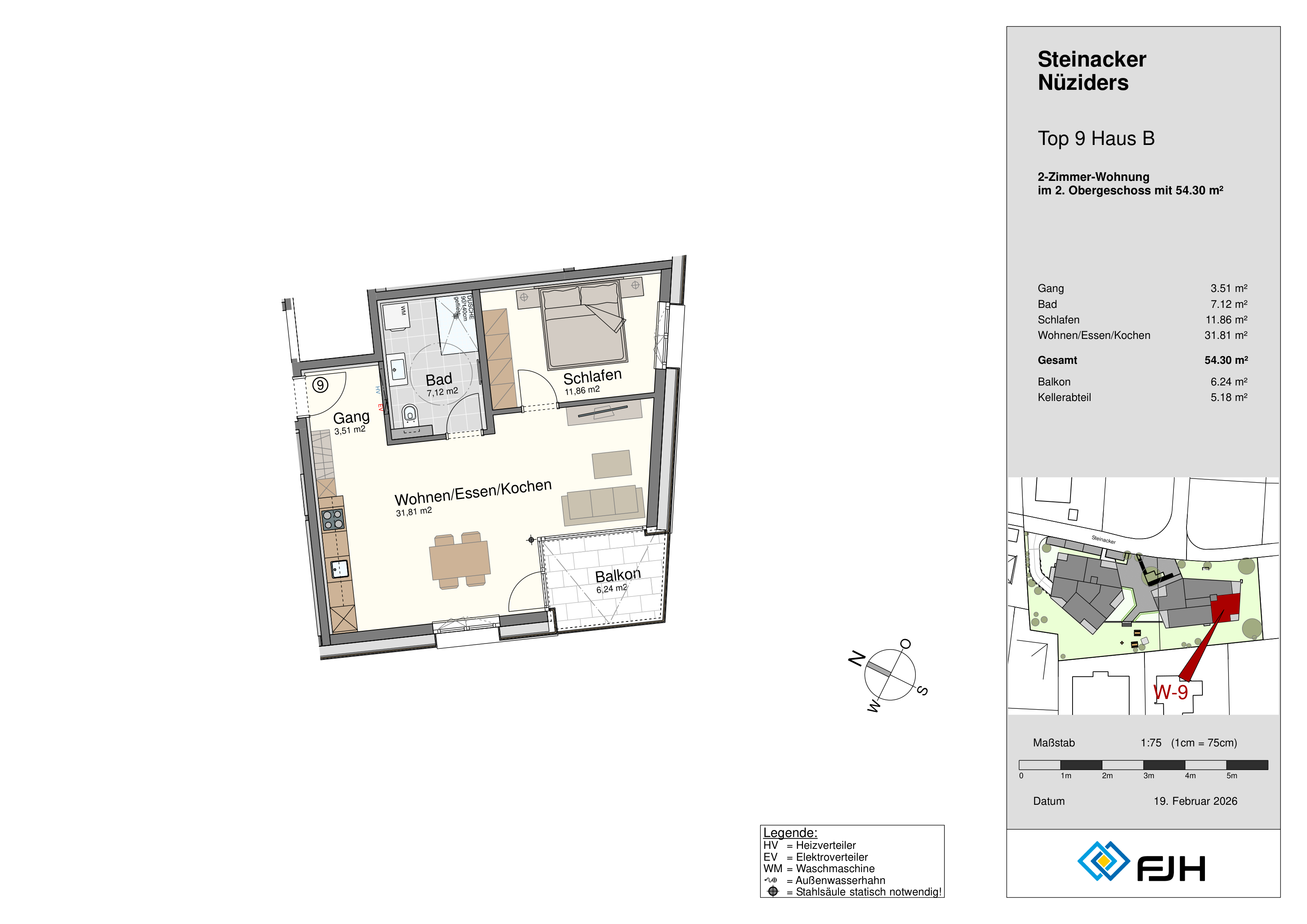 Grundriss Top 9, Haus B, Steinacker 19 Nüziders: 2-Zimmer-Wohnung mit 54,30 m² im 2. Obergeschoss, mit Balkon.
